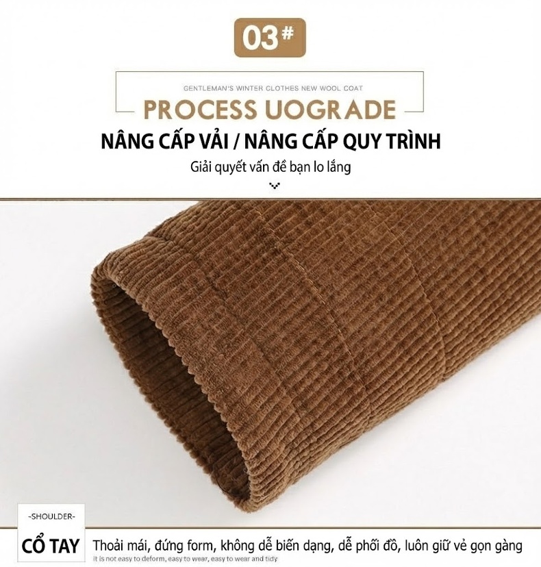 Áo Khoác Nam Lót Lông Cừu Non Cotton Gân Dày Dặn Dáng Dài Màu Nâu, Đen, Xanh Rêu chi tiết 5