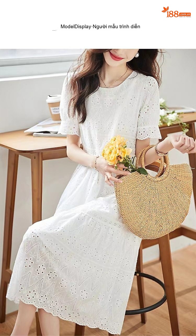 Váy Trắng Nữ Tay Bồng Thiết Kế Pháp Eo Thun Dáng Xòe chi tiết 6
