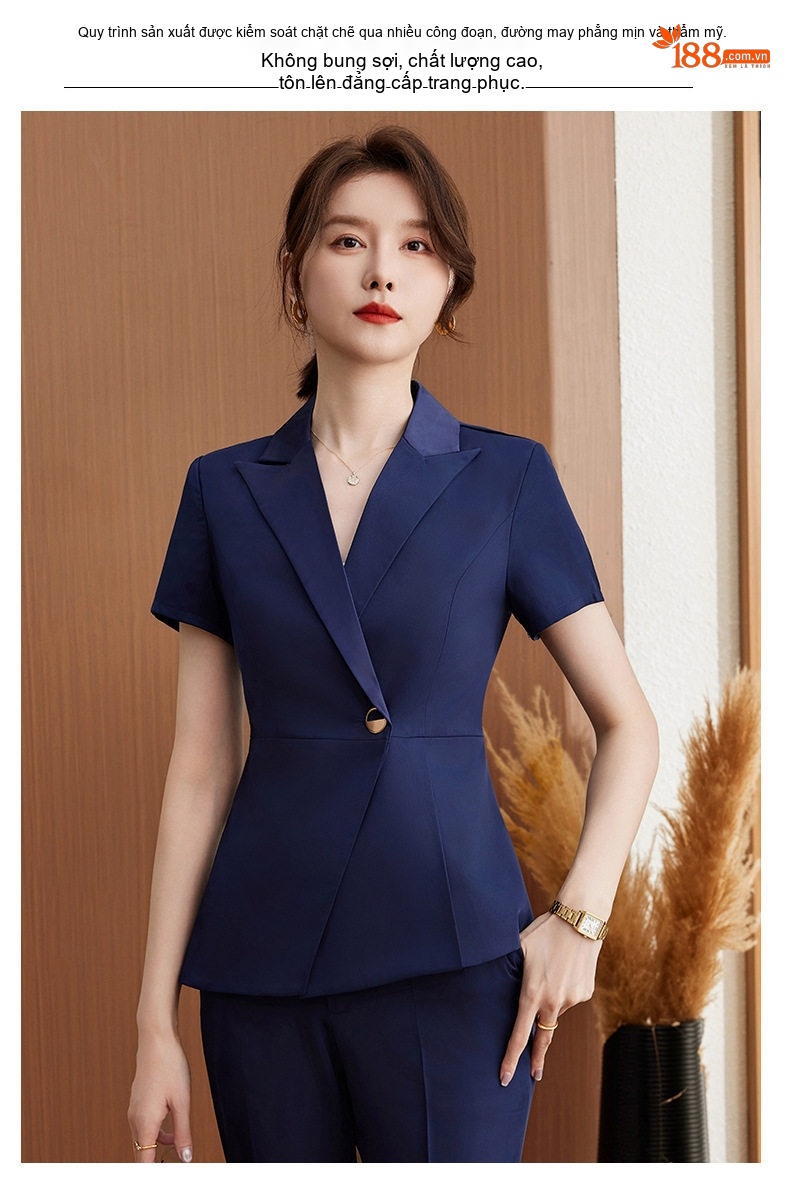 Bộ Vest Công Sở Nữ Tay Ngắn Quần/Chân Váy Màu Xanh Navy, Xám, Đen chi tiết 13