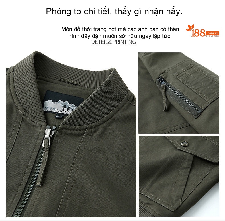 Áo Khoác Bomber Nam Cotton Dáng Rộng Phong Cách Bụi Bặm Màu Be, Xanh Navy, Nâu, Xanh Rêu... chi tiết 8