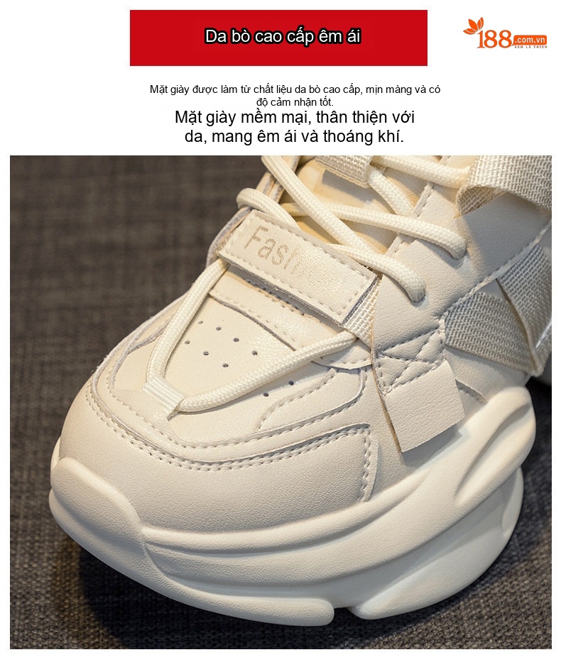 Giày Sneaker Nữ Da Mềm Đế Dày Phong Cách Ulzzang Chiều Cao Đế Khoảng 5cm Màu Trắng, Kem, Hồng chi tiết 14