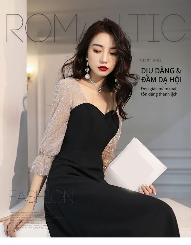 Váy Dạ Hội Nữ Phong Cách Pháp Hepburn Cổ Điển, Tay Lỡ Màu Đen chi tiết 1
