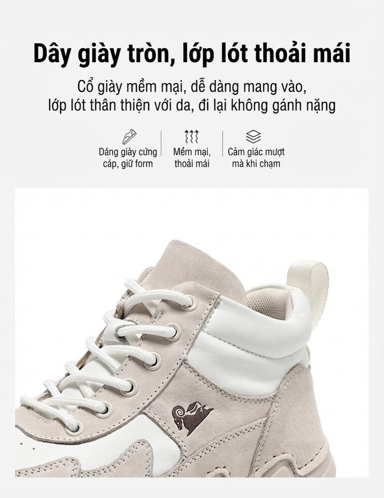 Giày Martin Nữ Cao Cổ Da Thật Size Lớn, Giày Boot Mùa Đông Thu, Giày Thể Thao Da Mờ Chiều Cao Đế Khoảng 3cm Màu Trắng, Nâu chi tiết 7