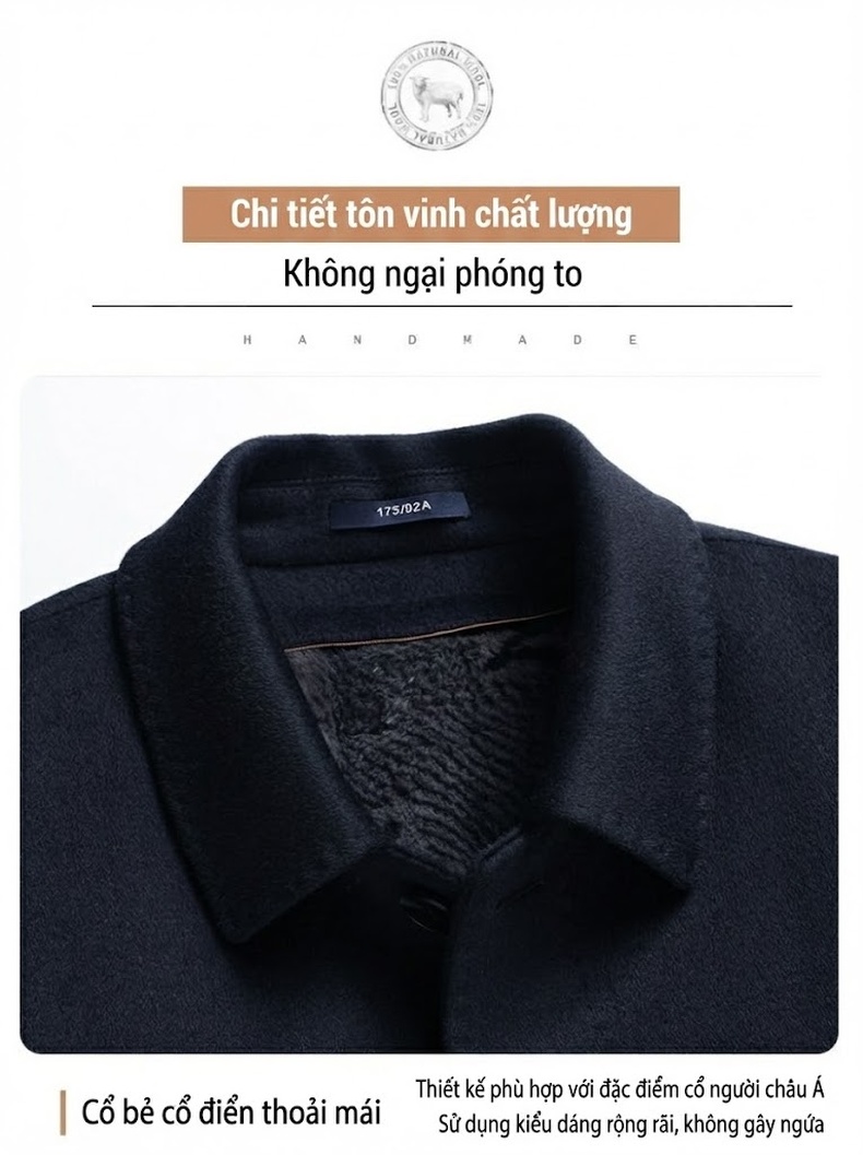 Áo Khoác Nam Dáng Dài Lót Lông Thỏ Tháo Rời Pha Lông Dê, Lụa Tằm, Len Lông Cừu Màu Xanh Đen chi tiết 14
