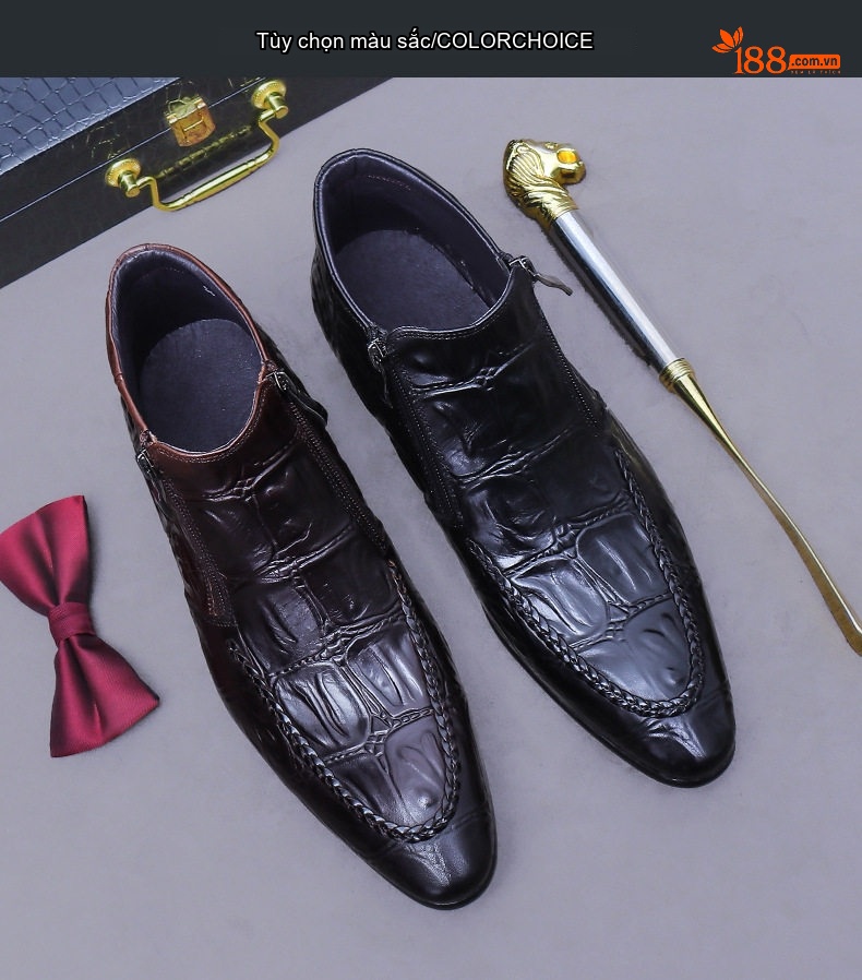 Boot Da Thật Nam Dáng Ôm Chân Họa Tiết Vân Cá Sấu Chiều Cao Đế Khoảng 3cm Màu Đen, Nâu Đậm chi tiết 2
