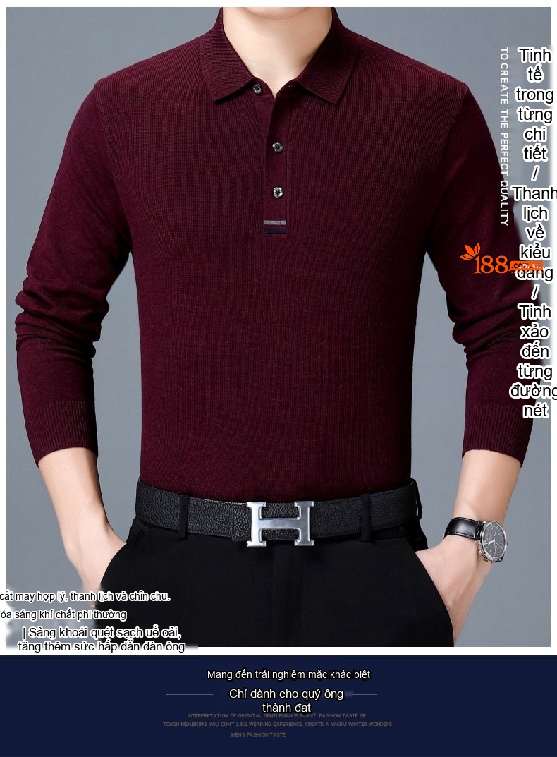 Áo Thun Polo Nam Dài Tay Dệt Kim Cashmere Phong Cách Doanh Nhân Màu Đỏ Rượu, Xám, Xanh Dương, Xanh Lá... chi tiết 1