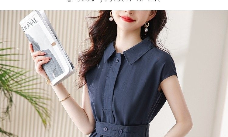 Váy Sơ Mi Polo Tay Ngắn dáng chữ A Nữ Tính Thắt Eo Màu Hồng, Xanh Navy, Vàng Be, Xanh Dương chi tiết 23