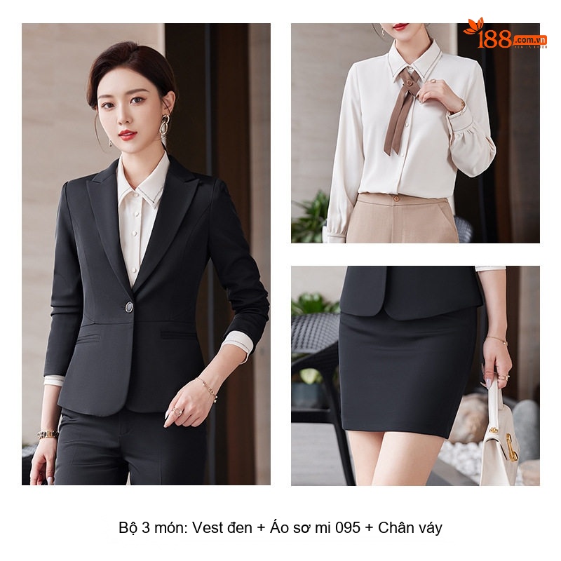 Bộ Vest Công Sở Nữ Dáng Ôm Thanh Lịch Màu Đen, Xanh Navy