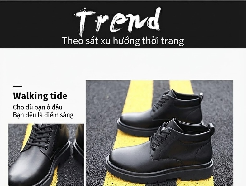 Giày Boot Nam Cổ Lửng Da Bóng Buộc Dây Chiều Cao Đế Khoảng 4cm Màu Đen chi tiết 4