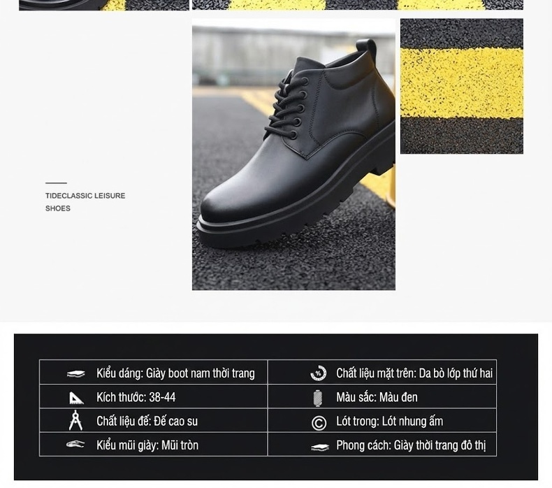 Giày Boot Nam Cổ Lửng Da Bóng Buộc Dây Chiều Cao Đế Khoảng 4cm Màu Đen chi tiết 5