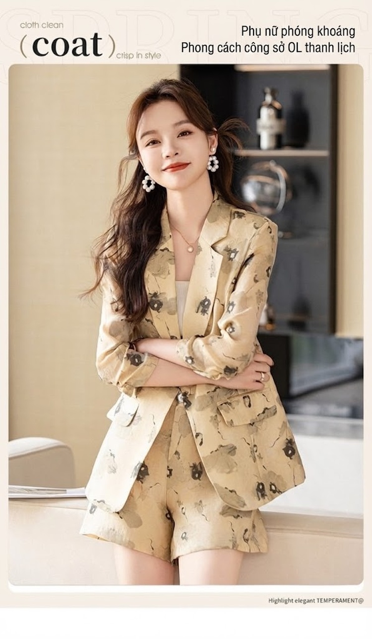 Bộ Vest Blazer Nữ Tay Lỡ In Họa Tiết Thiết Kế Kèm Quần Short Màu Be, Xanh chi tiết 1