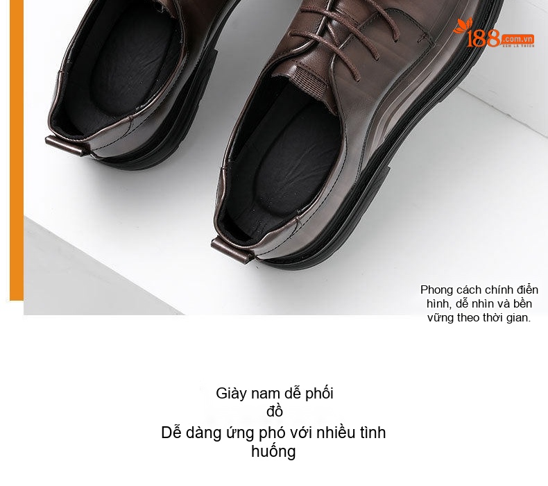 Giày Tây Buộc Dây Nam Da Bò Chiều Cao Đế Khoảng 3.5cm Màu Đen, Nâu chi tiết 6
