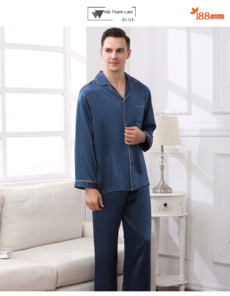 Bộ Đồ Ngủ Lụa Tơ Tằm Dài Tay Nam 100%桑蚕丝 Mùa Xuân Hè Màu Xanh Navy, Vàng Be, Xám, Đỏ chi tiết 10