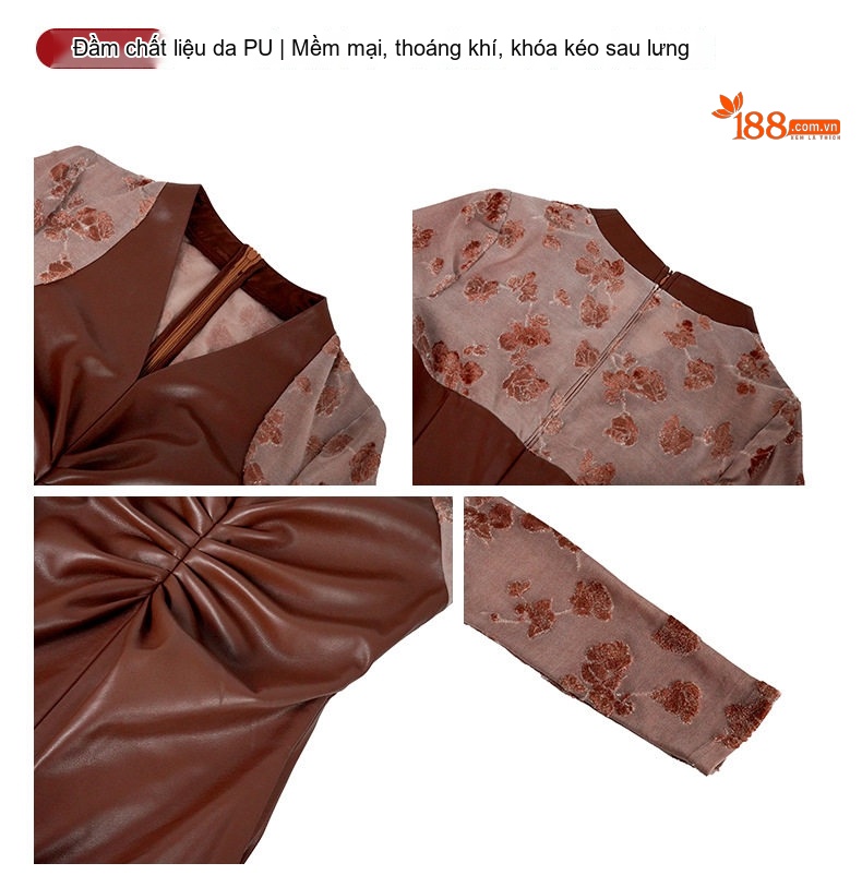 Váy Dài Nữ Da PU Cổ chữ V Thu Đông dáng chữ A Chiết Eo Màu Nâu chi tiết 4