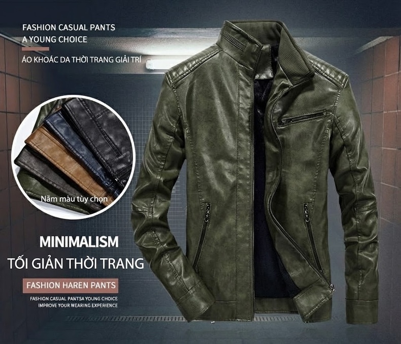 Áo Khoác Da PU Nam Lót Lông Thu Đông Dáng Motor Phong Cách Thời Trang Màu Nâu, Đen, Xanh Navy, Xanh Rêu... chi tiết 4