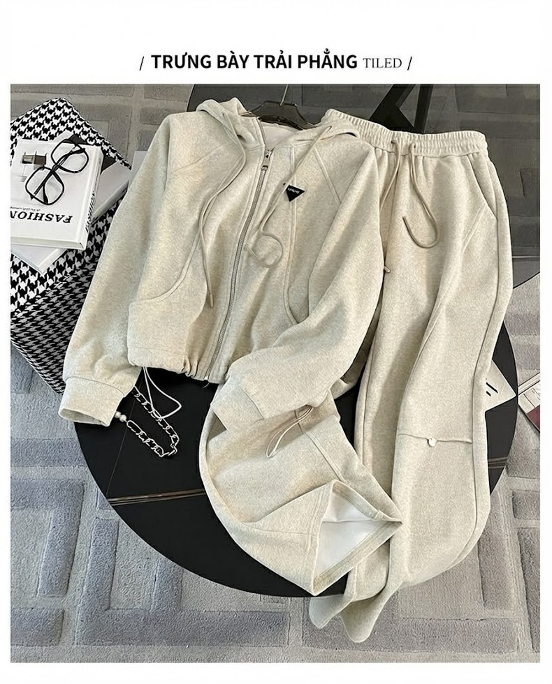 Bộ Đồ Nữ Thu Đông Dáng Rộng Áo Hoodie Có Mũ Quần Ống Rộng Lót Lông Dày Dặn Màu Hồng, Kem chi tiết 2