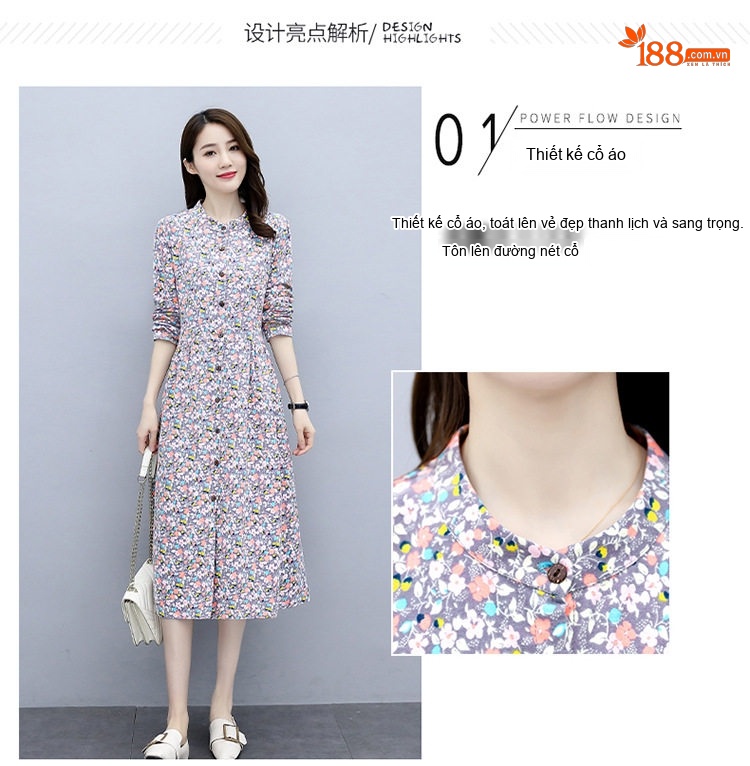 Váy Dài Tay Nữ In Hoa Cổ Tròn Dáng Ôm Phong Cách Hàn Quốc chi tiết 2