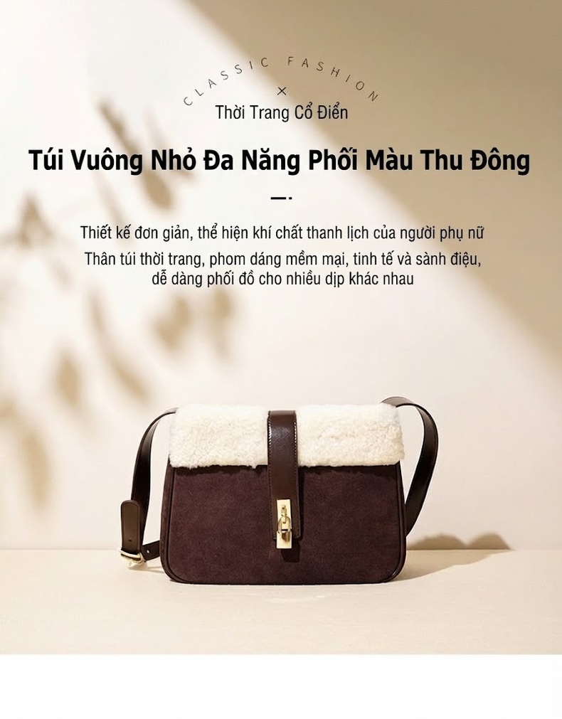 Túi Xách Tay/Đeo Chéo Nữ Lông Cừu Non Phối Nỉ Dáng Tròn Màu Nâu, Đen, Họa Tiết Da Báo chi tiết 1