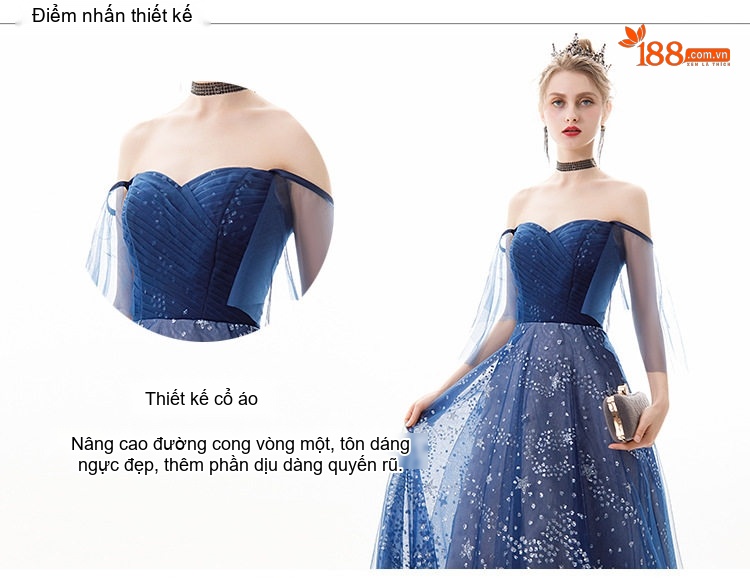 Váy Dạ Hội Dáng Dài Hở Vai Đính Sao Lấp Lánh Màu Xanh Navy chi tiết 3