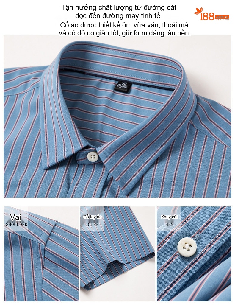 Áo Sơ Mi Nam Cotton Sọc Ngắn Tay Form Rộng Chống Nhăn Màu Be, Xanh Dương, Xanh Lá, Xám... chi tiết 4