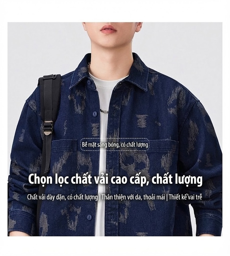 Áo Khoác Jean Nam Dáng Rộng Phong Cách Retro chi tiết 5