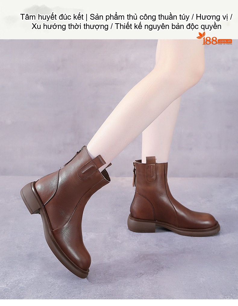 Boot Chelsea Nữ Da Bò Chiều Cao Đế Khoảng 3cm Màu Đen, Nâu chi tiết 1