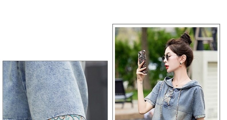 Set Bộ Quần Áo Nữ Phong Cách Trung Hoa Cổ Điển Áo Hoodie Tay Ngắn Chân Váy Jean Dáng Dài Thêu Họa Tiết chi tiết 9