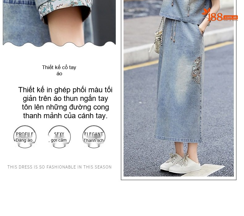 Set Bộ Quần Áo Nữ Phong Cách Trung Hoa Cổ Điển Áo Hoodie Tay Ngắn Chân Váy Jean Dáng Dài Thêu Họa Tiết chi tiết 10