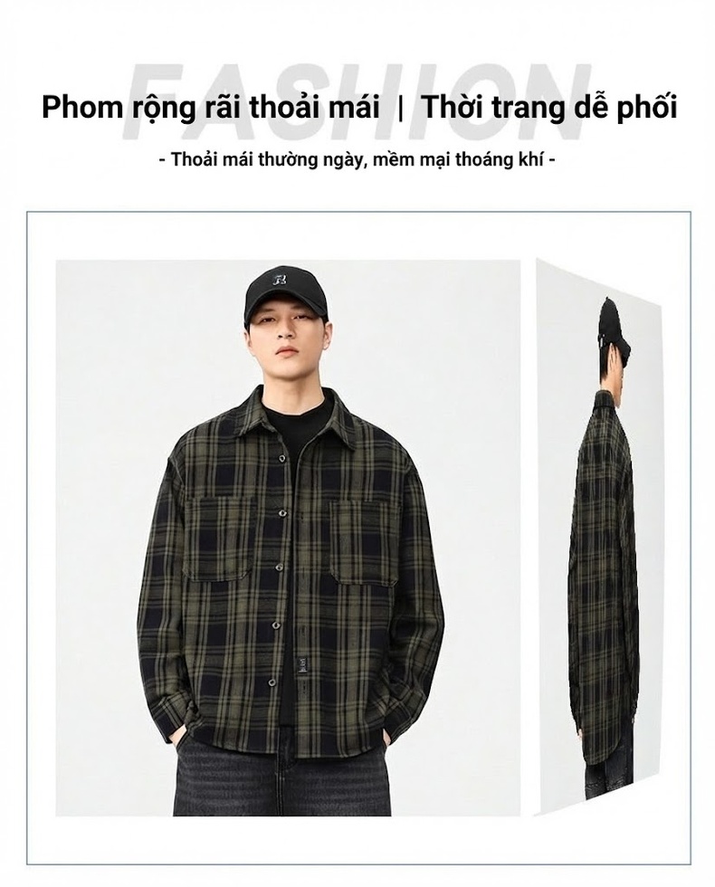 Áo Sơ Mi Tay Dài Nam Cotton Caro Mỹ Retro Phong Cách Công Sở Màu Xanh Rêu, Nâu chi tiết 3