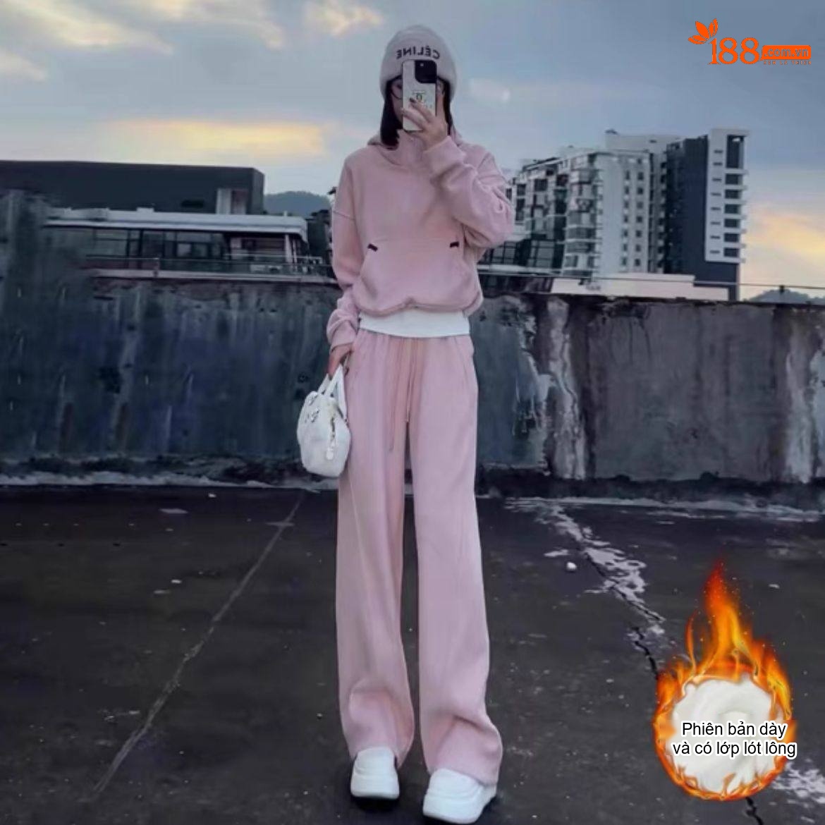 Bộ Đồ Nữ Áo Hoodie và Quần Dài Thể Thao Có Lót Lông