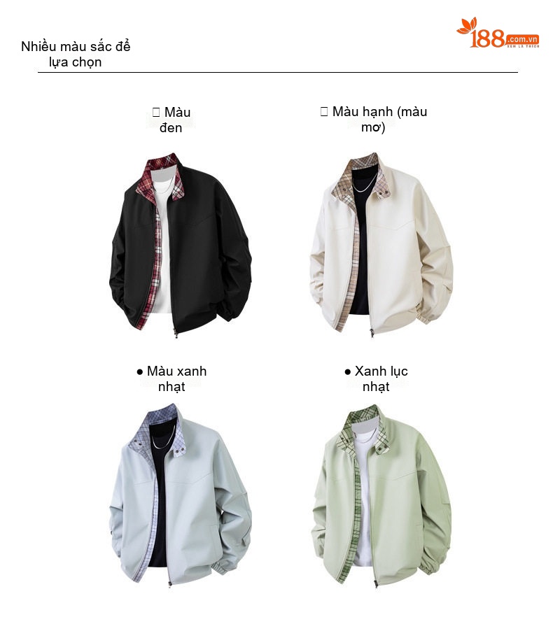 Áo Khoác Nam Chống Nước Khóa Kéo Họa Tiết Caro Phong Cách Casual Màu Đen, Xám, Xanh Lá chi tiết 9