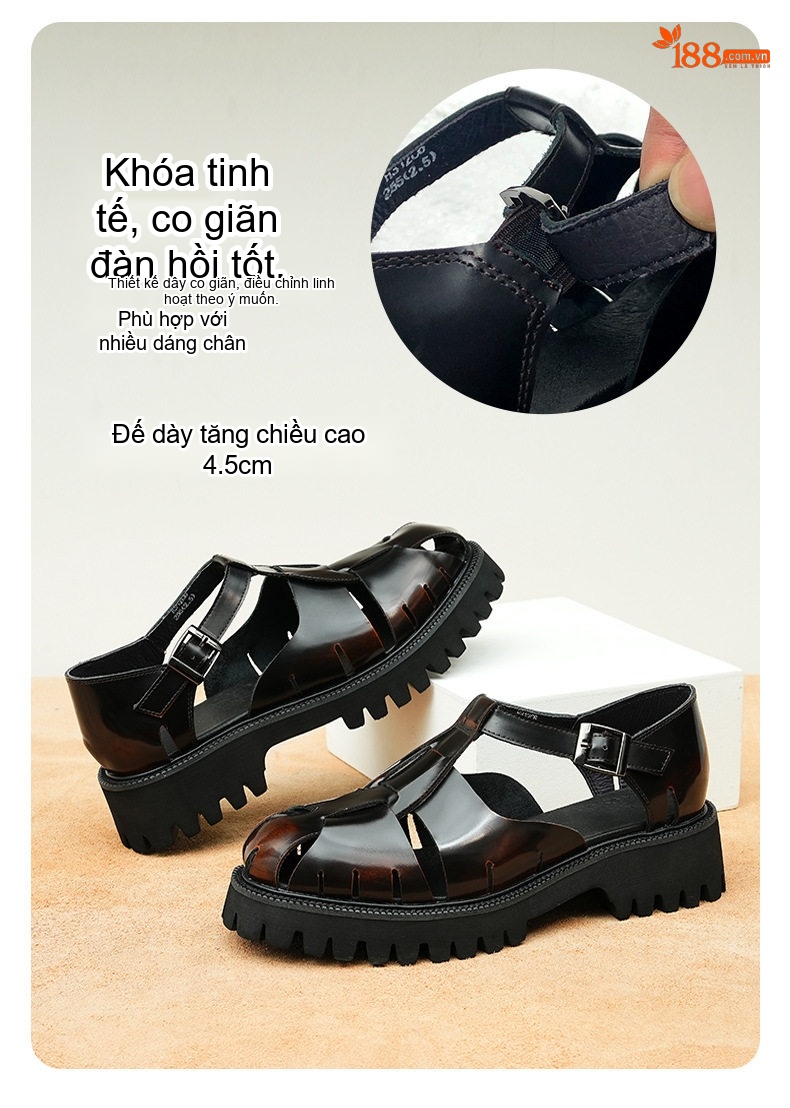 Sandal Rọ Nam Da Bóng Đế Dày Chiều Cao Đế Khoảng 3cm Màu Đen chi tiết 6