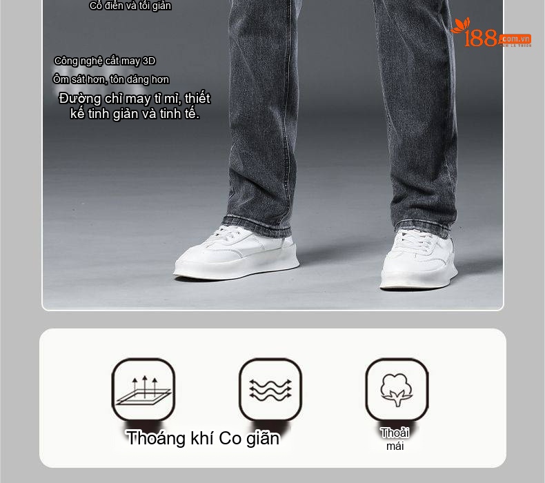 Quần Jean Nam Tencel Cotton Co Giãn Dáng Suông Thoáng Khí Cao Cấp Màu Xám chi tiết 2