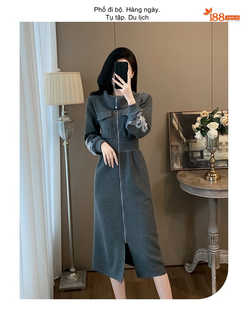 Váy Thun Nữ Dáng Dài Tay Dài Cổ Bẻ Khóa Kéo Eo Thun Màu Xám chi tiết 14