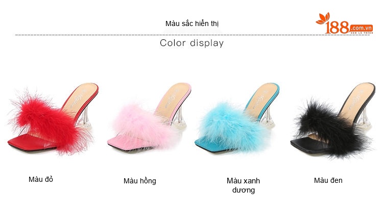 Dép Cao Gót Nữ Quai Ngang Mũi Vuông Đính Lông Chiều Cao Đế Khoảng 7cm Màu Đen, Hồng, Đỏ... chi tiết 9