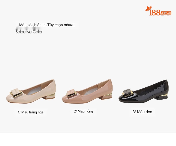 Giày Búp Bê Nữ Da Bóng Mũi Vuông Gót Vuông Chiều Cao Đế Khoảng 3cm Màu Đen, Kem, Hồng chi tiết 1
