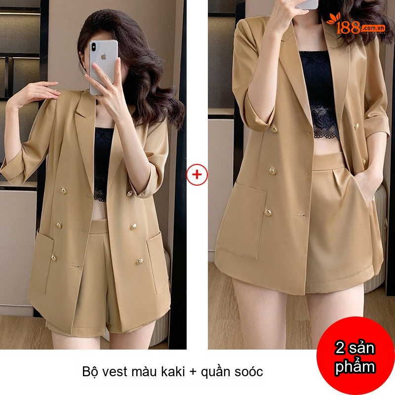 Bộ Vest Nữ Mùa Hè Áo Blazer Tay Lỡ Quần Short Ống Rộng Màu Xanh Lá, Kaki