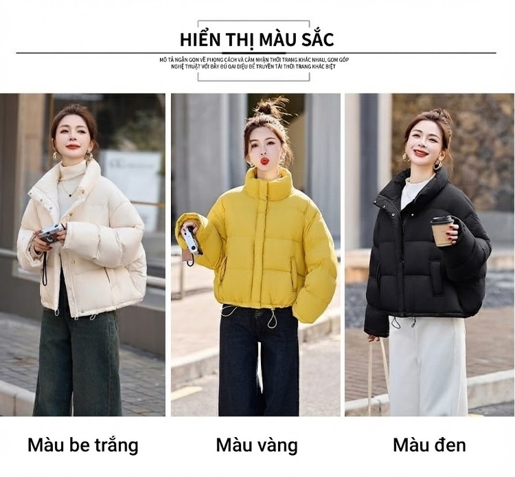 Áo Khoác Phao Nữ Ngắn Tay Dáng Nhỏ Cổ Trụ Dày Dặn Ấm Áp Màu Trắng, Đen, Vàng chi tiết 2