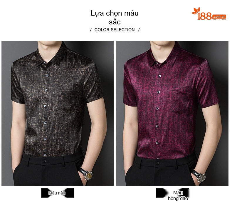 Áo Sơ Mi Nam Tay Ngắn Lụa Tằm Cao Cấp Form Rộng Thoải Mái Màu Đen, Đỏ Rượu chi tiết 4