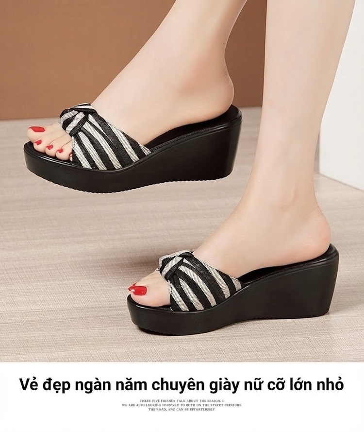 Dép Xuồng Nữ Quai Vải Mũi Hở Đế Bánh Mì Chiều Cao Đế Khoảng 6cm Màu Đen, Kem chi tiết 13