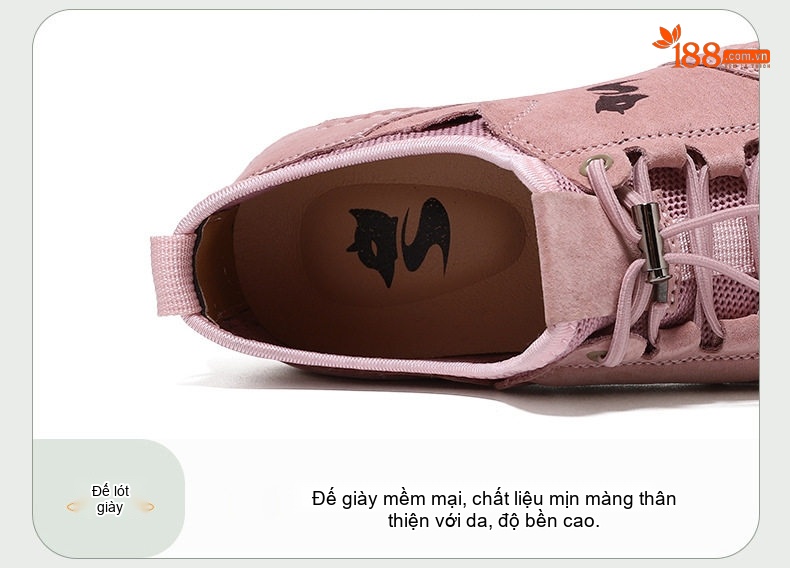 Giày Outdoor Buộc Dây Nữ Da Thật Bàn Chân To Chiều Cao Đế Khoảng 3cm Màu Hồng, Nâu, Xám, Đen chi tiết 6