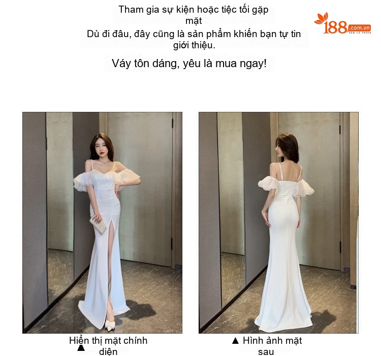 Váy Dài Dự Tiệc Hở Lưng Xẻ Tà Ôm Dáng Hai Dây Hở Vai Màu Trắng, Xám chi tiết 3