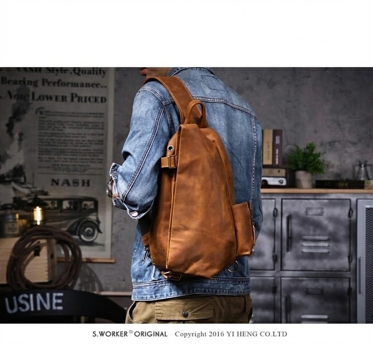 Túi Đeo Chéo Ngực Nam Da Bò Thiết Kế Vintage, Biker, Da Thật Màu Nâu chi tiết 4