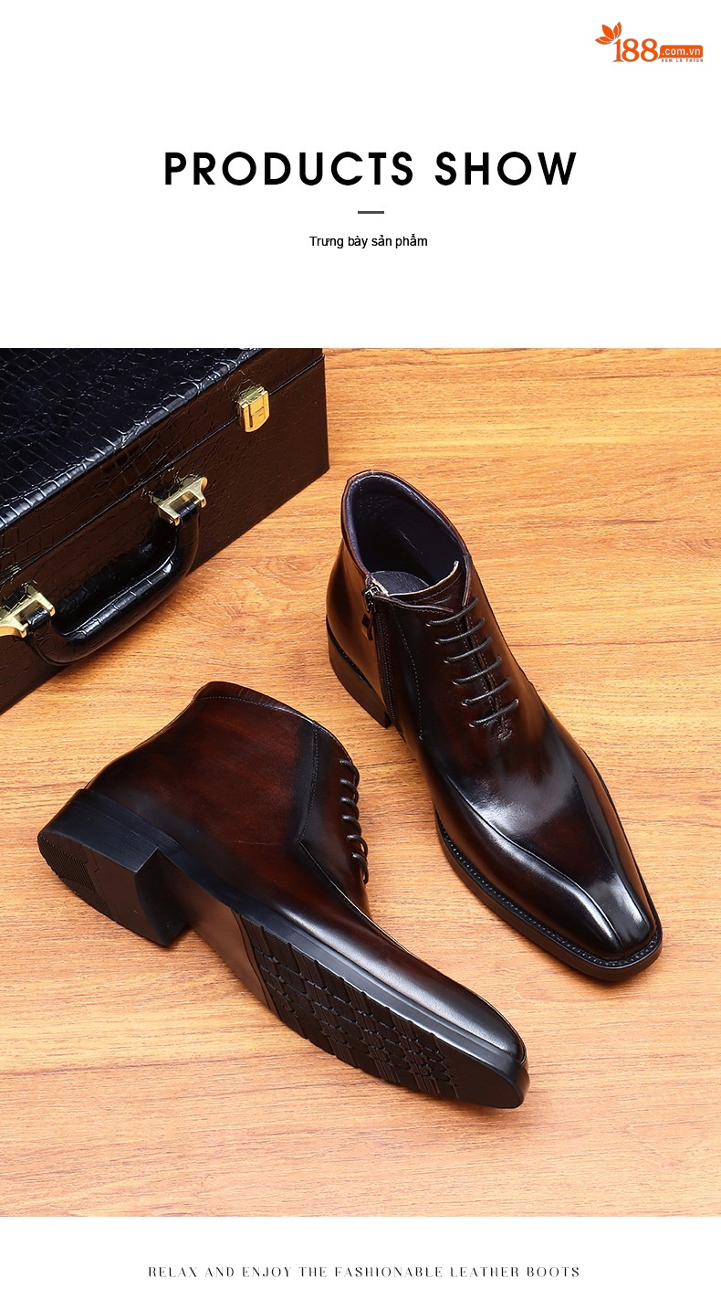 Boot Martin Nam Da Thật Mũi Nhọn Chiều Cao Đế Khoảng 3cm Màu Đen, Nâu chi tiết 14