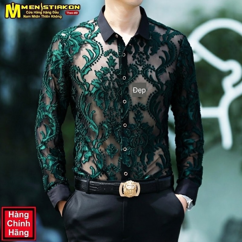 Áo Sơ Mi Nam Tay Dài Lưới Họa Tiết Cổ Bẻ Phong Cách Trung Niên Màu Đen, Xanh Lá