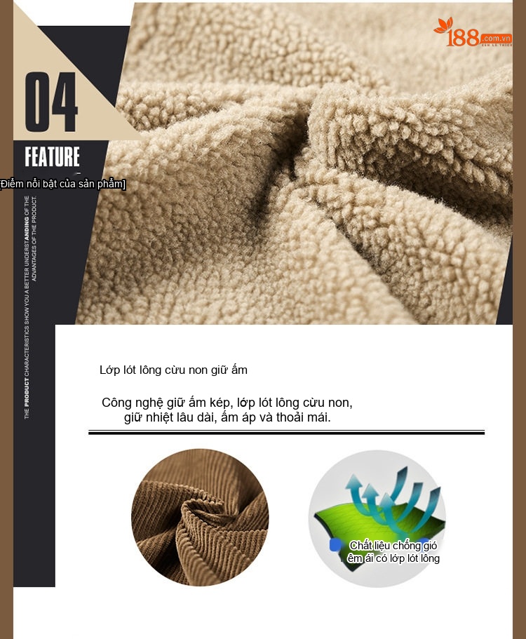 Áo Khoác Nam Cotton Lót Lông Cổ Bẻ Dáng Rộng Giữ Ấm Màu Xám, Nâu, Đen chi tiết 10