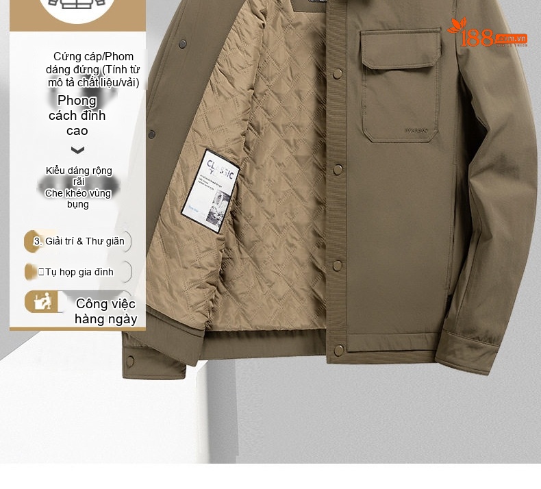 Áo Khoác Cotton Nam Tơ Tằm Chần Bông Dáng Ôm Vừa Màu Xanh Olive, Đen chi tiết 4