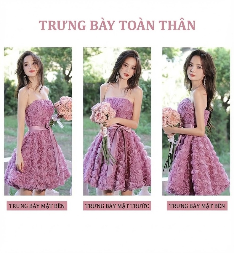 Váy Dạ Hội Mini Nữ Hở Vai Thắt Nơ Phong Cách Pháp Màu Tím chi tiết 4