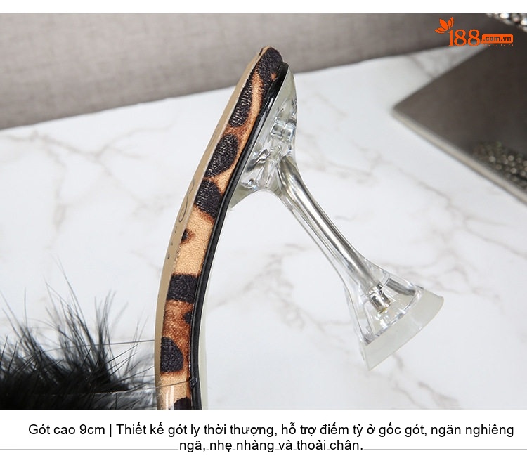 Dép Cao Gót Nữ Quai Ngang Mũi Vuông Đính Lông Chiều Cao Đế Khoảng 7cm Màu Đen, Hồng, Đỏ... chi tiết 5