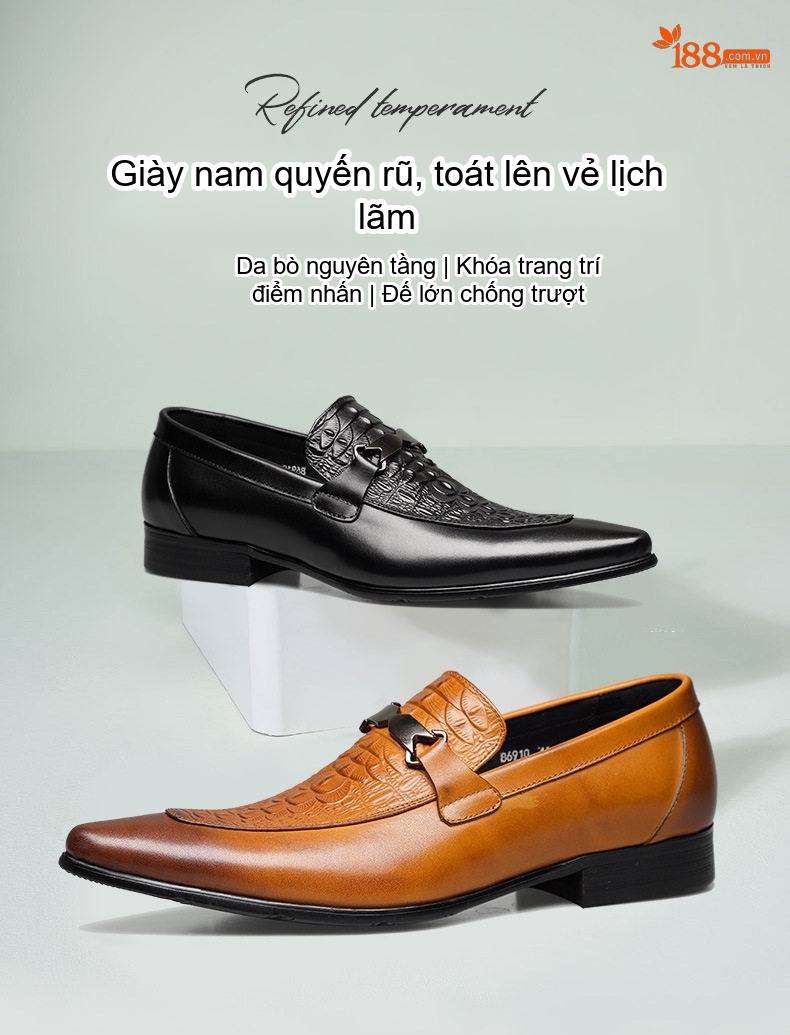 Giày Lười Nam Vân Cá Sấu Da Bóng Mũi Nhọn Chiều Cao Đế Khoảng 3cm Màu Đen, Nâu chi tiết 1